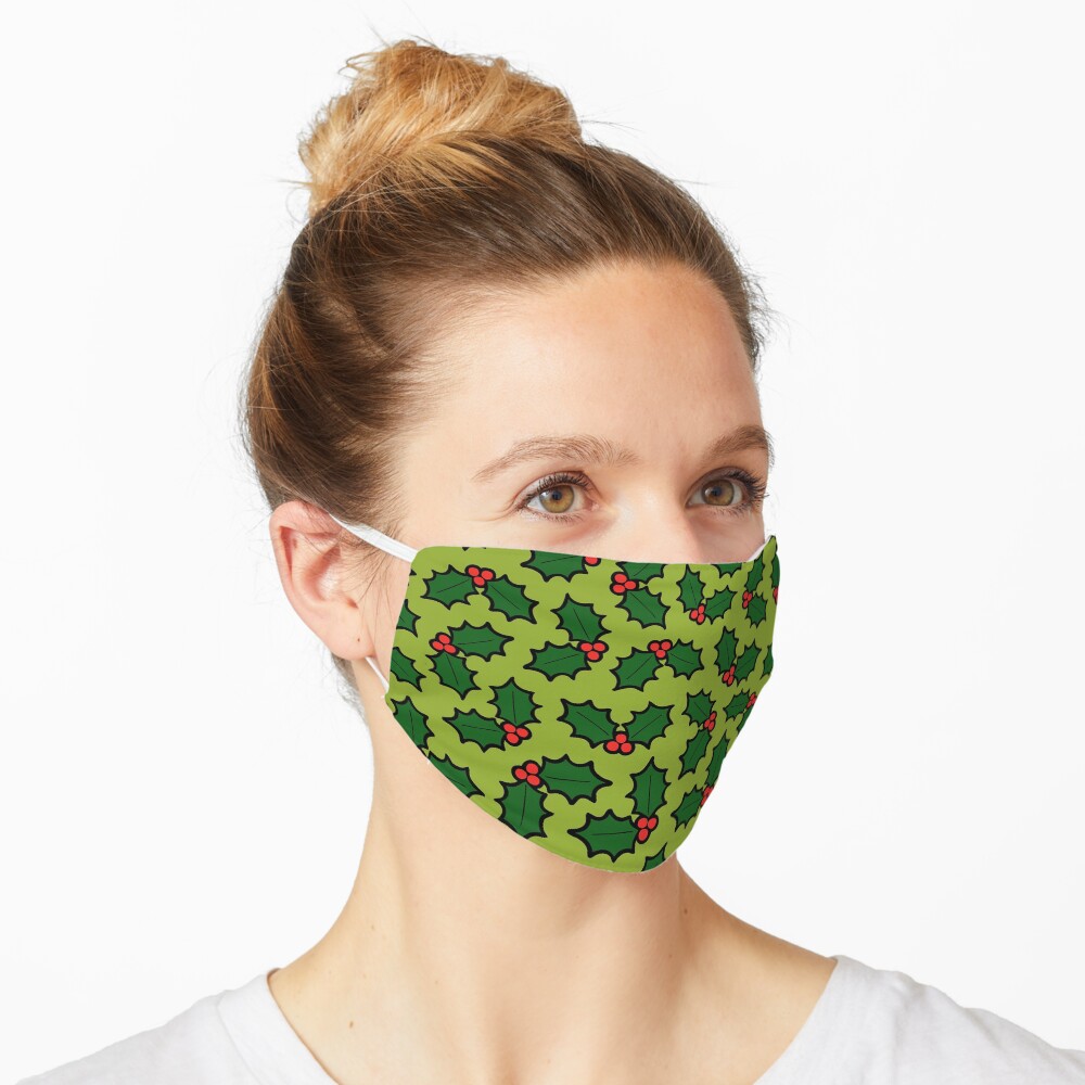 Holly Leaves and Berries Pattern in Light Green Mask
