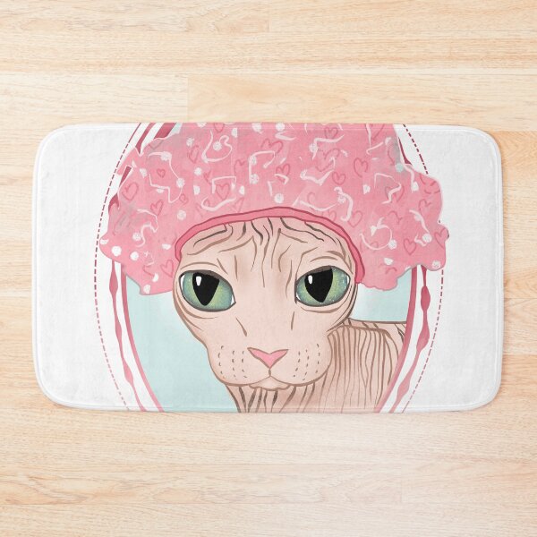 Item preview, Hairless Sphynx Cat Wearing a Pink Shower Cap designed and sold by AnanasArt.
