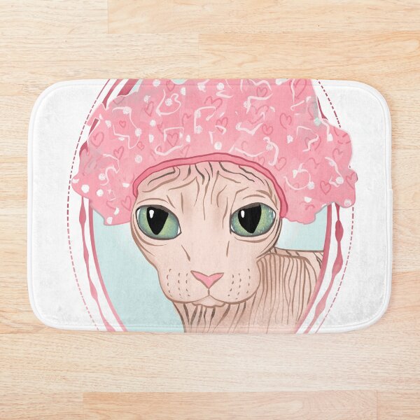 Hairless Sphynx Cat Wearing a Pink Shower Cap Bath Mat