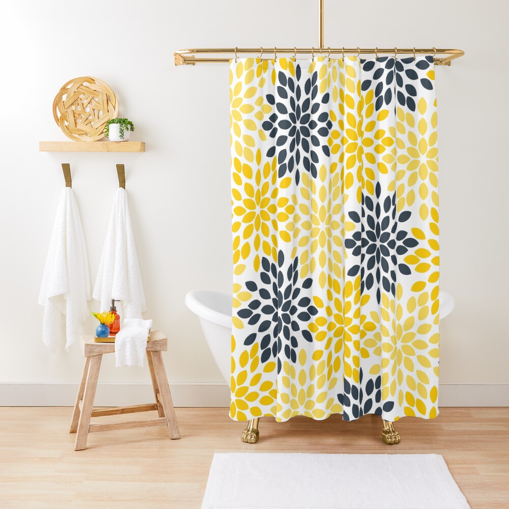 "Yellow and Gray Charcoal Modern Floral" Shower Curtain by KarinaI Redbubble