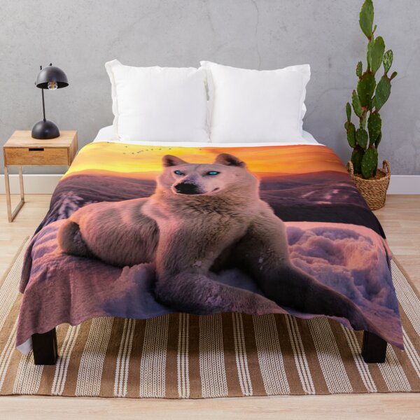 Item preview, White wolf with blue eyes on a background of snow and sunset designed and sold by philippe souvy.