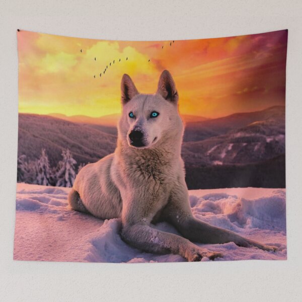 Item preview, White wolf with blue eyes on a background of snow and sunset designed and sold by philippe souvy.