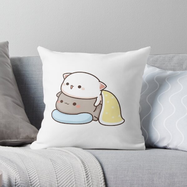 Peach and Goma in Blankets - Mochi Peach Cat Throw Pillow