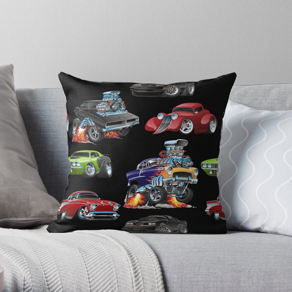 Hot Rods and Muscle Cars Seamless Repeating Pattern Throw Pillow