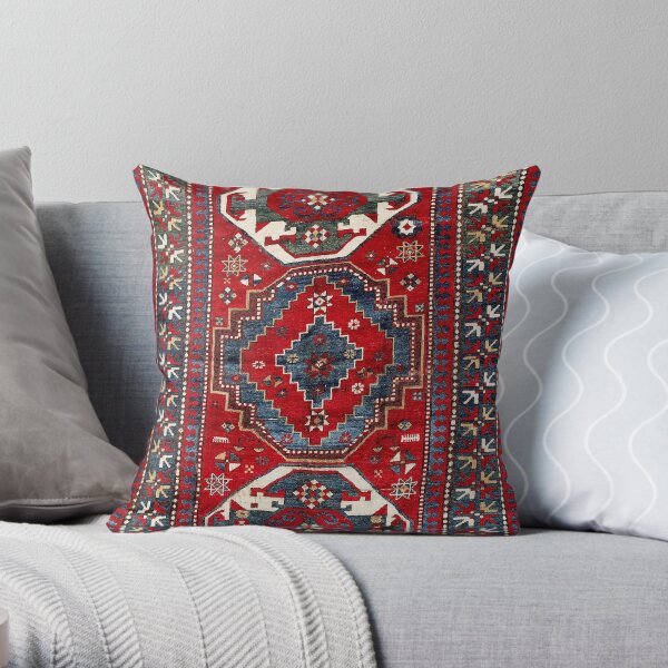Kazak Antique Three Medallion Tribal Rug Print Throw Pillow