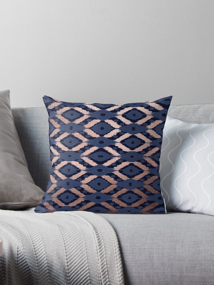 Bohemian Rose Gold Navy Blue Ikat Pattern Monogram Throw Pillow