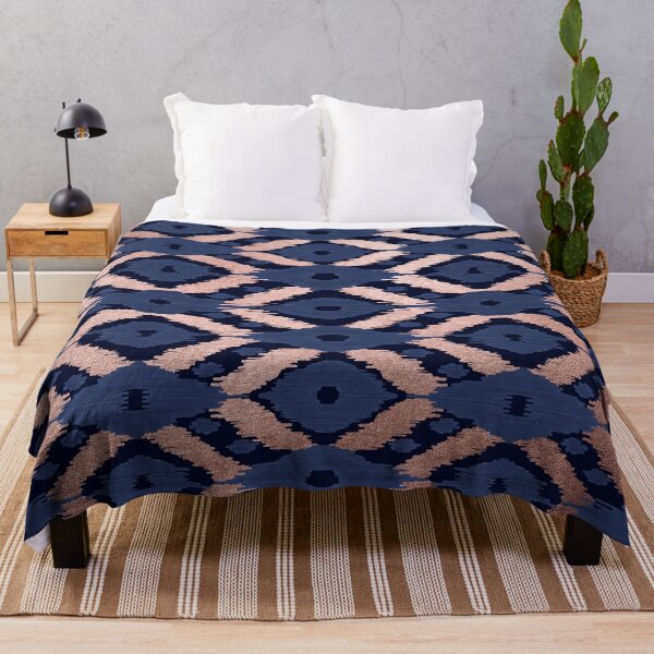 Bohemian Rose Gold Navy Blue Ikat Pattern Throw Blanket