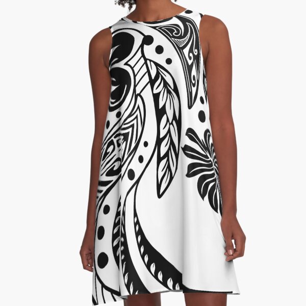 Polynesian Tribal Black And White A-Line Dress