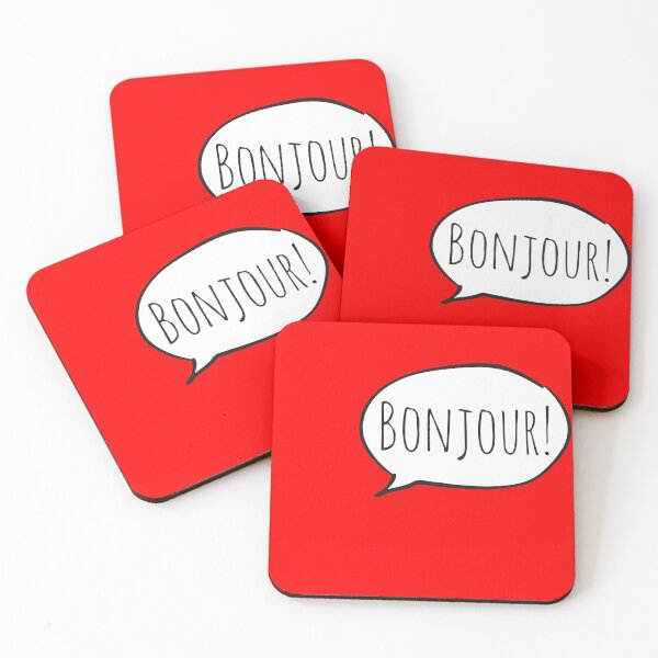 Item preview, Cheerful BONJOUR! with white speech bubble on red (Français / French) designed and sold by Ofeefee.