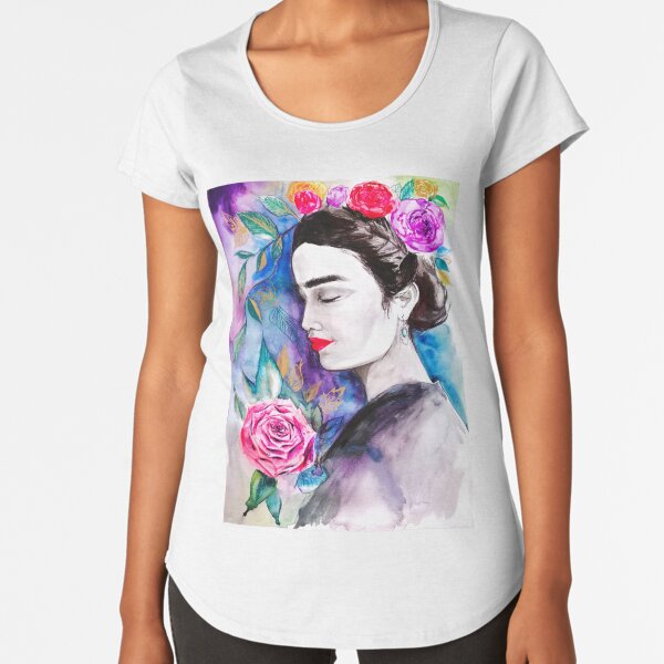 Frida Kahlo avec des fleurs portrait en aquarelle T-shirt premium échancré