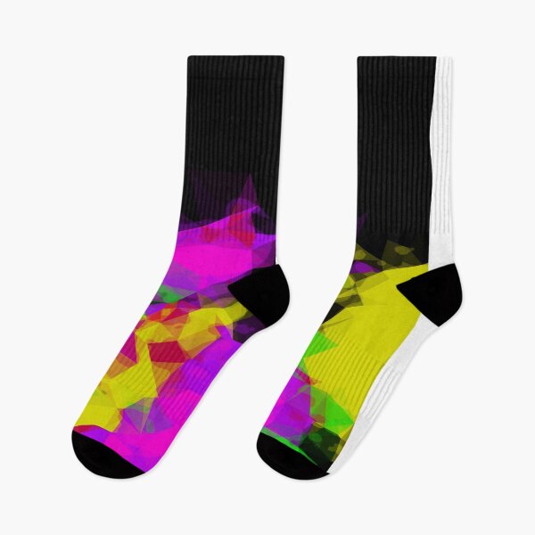 Item preview, geometric triangle abstract pattern in pink purple yellow green with black background designed and sold by Mrvell.
