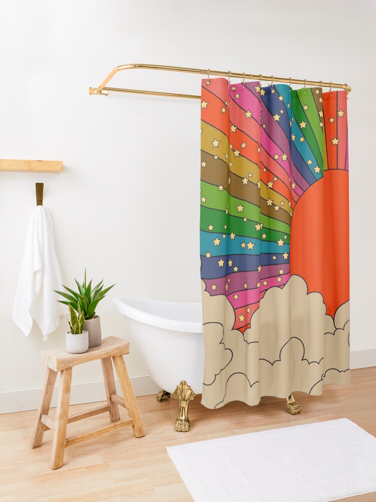 Alternate view of Rainbow 70s sun Shower Curtain