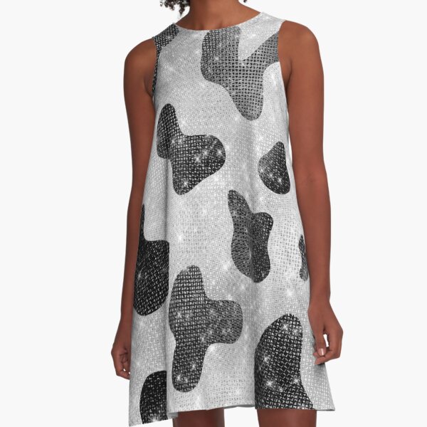 Glamorous Black Sparkly Glitter Sequins Cow Print A-Line Dress
