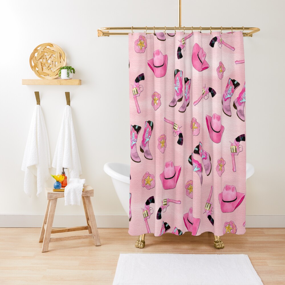 "Artsy Cute Girly Pink Teal Cowgirl Watercolor" Shower Curtain for Sale