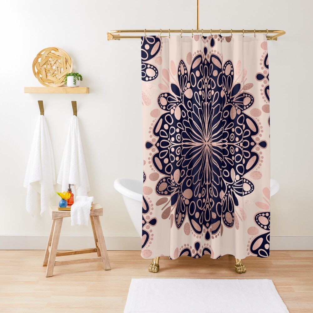 "Girly Boho Rose Gold Blush Pink Navy Mandalas" Shower Curtain for Sale