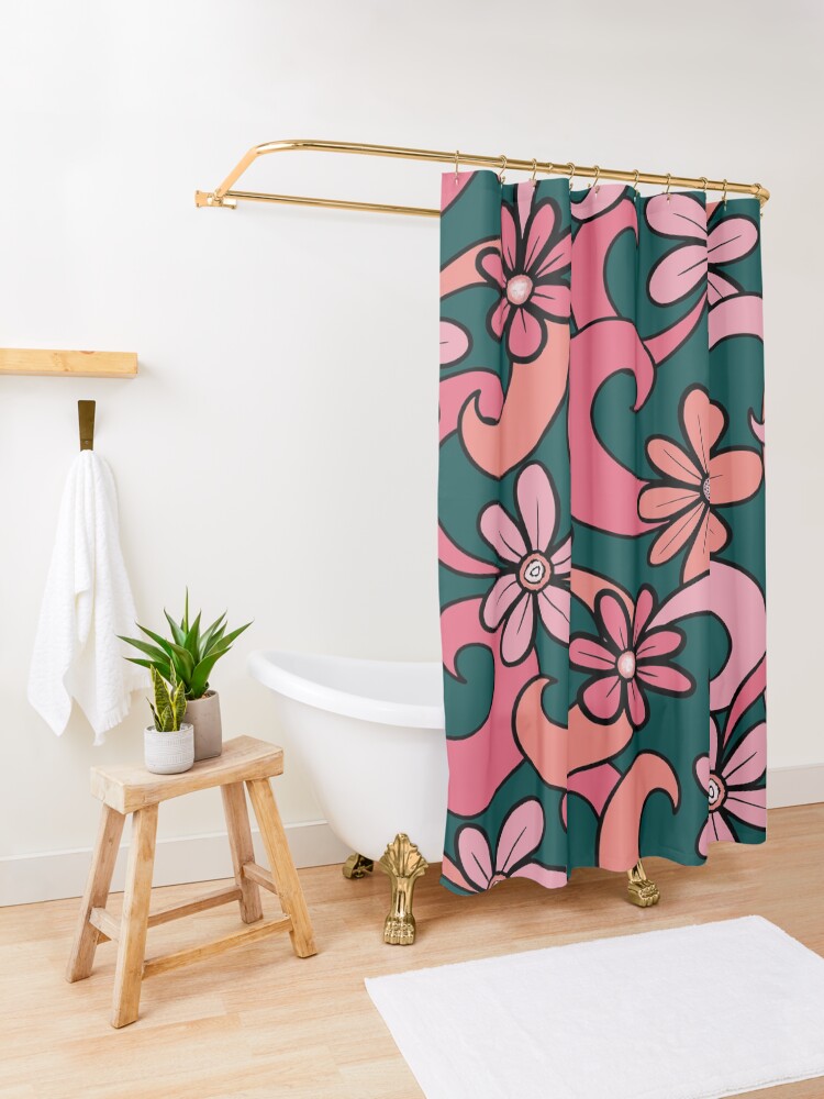 "Girly Groovy Pink Coral Green 70s Flowers Pattern" Shower Curtain for