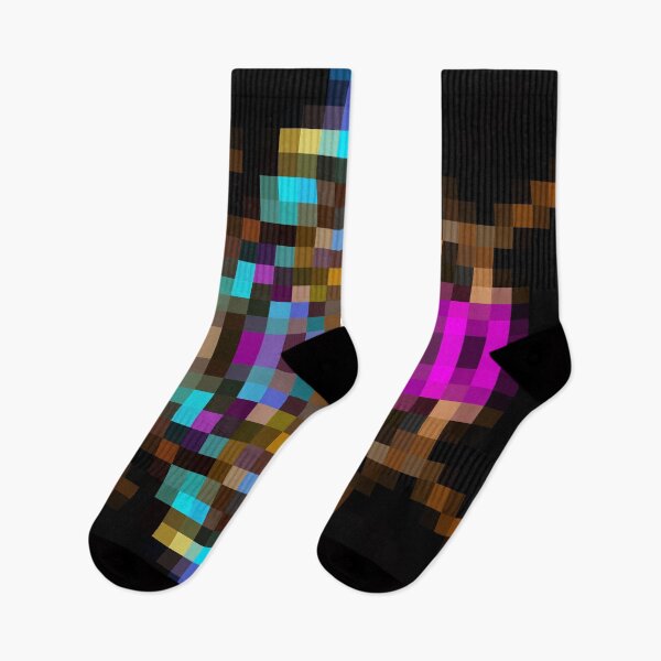 Item preview, geometric square pixel abstract in blue orange pink with black background designed and sold by Mrvell.