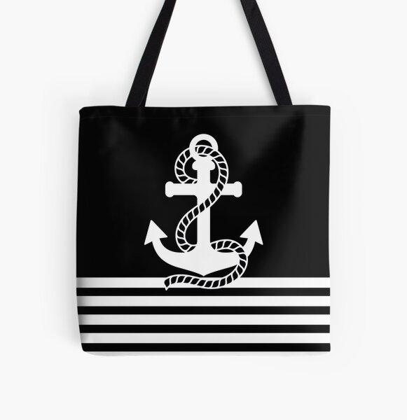 Nautical black white stripes and black white anchors All Over Print Tote Bag