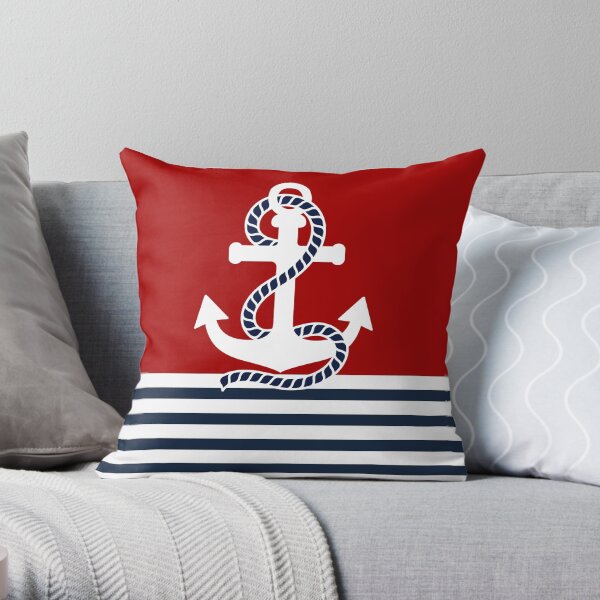 Nautical red white stripes and blue anchors on red background Throw Pillow