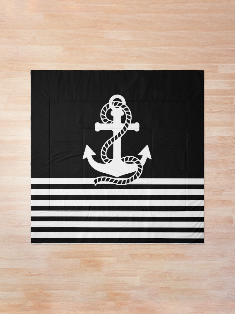 Alternate view of Nautical black white stripes and black white anchors Comforter