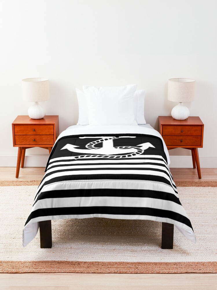 Alternate view of Nautical black white stripes and black white anchors Comforter