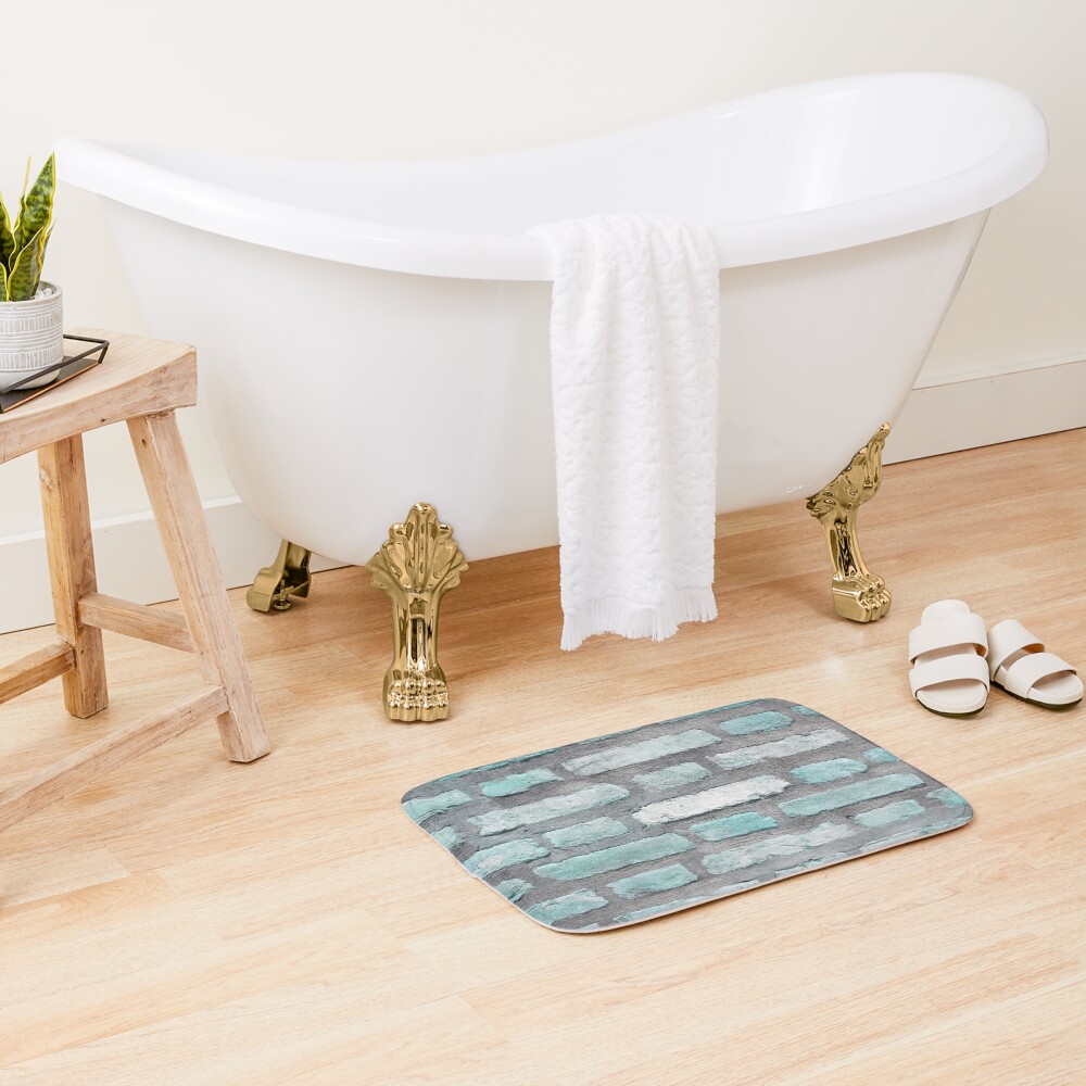 Aqua and Gray Brick Wall Bath Mat