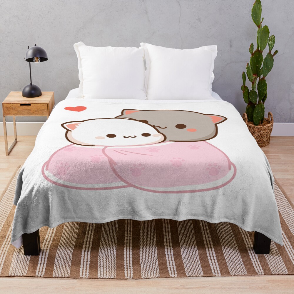 Peach and Goma Cuddling - Mochi Peach Cat Throw Blanket