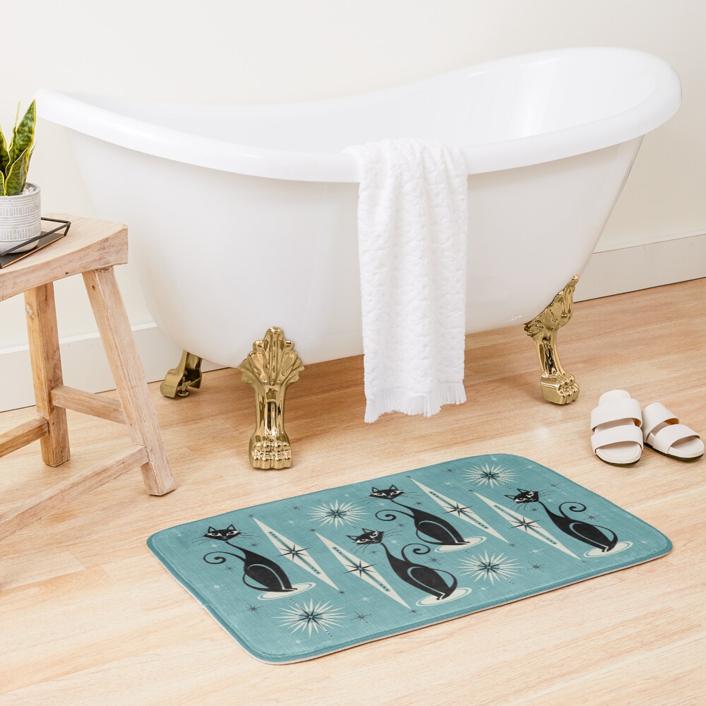 Mid Century Meow on Blue Bath Mat