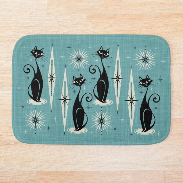 Mid Century Meow on Blue Bath Mat