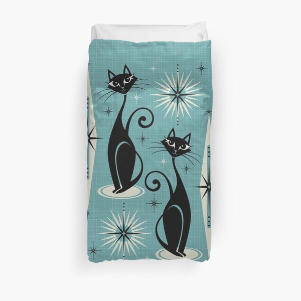 Mid Century Meow on Blue Duvet Cover