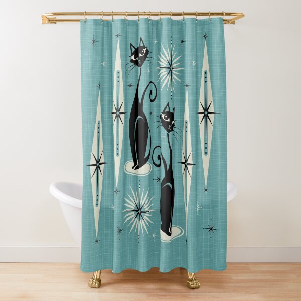 Discover Mid Century Meow on Blue Shower Curtain