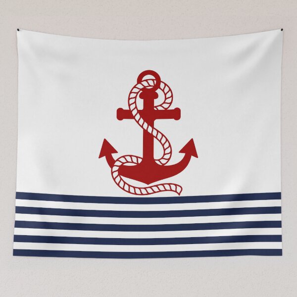Item preview, Nautical navy blue and white stripes with a red anchor designed and sold by IoanaHraball.