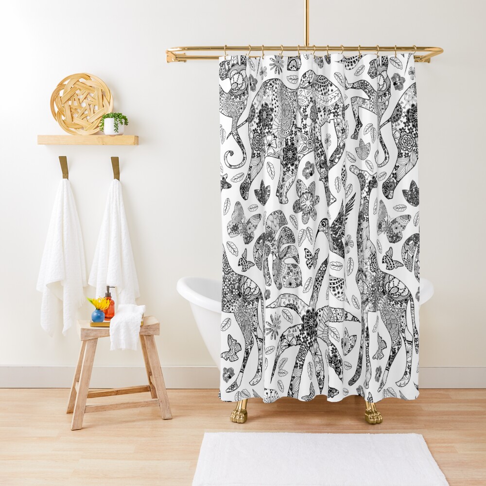 "Black N White Doodle Line Art Safari Wildlife " Shower Curtain for