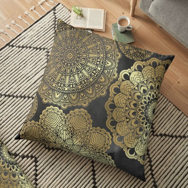 Mandala on Black Gold Floor Pillow