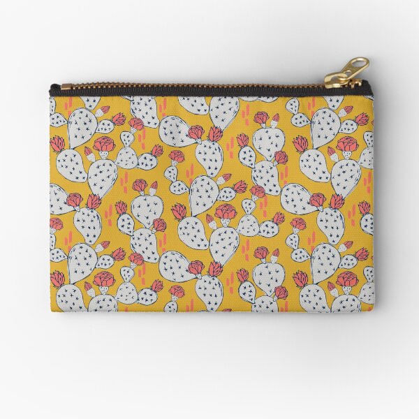 Coral Flowering Cactus on Mustard Yellow Zipper Pouch