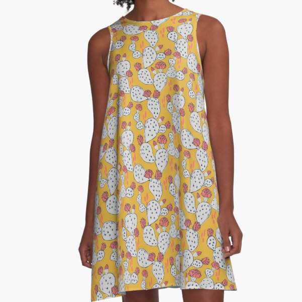 Coral Flowering Cactus on Mustard Yellow A-Line Dress