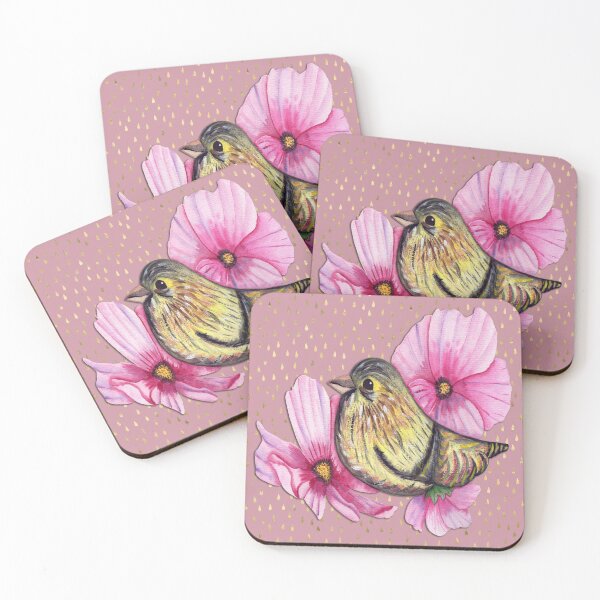 Item preview, Pretty floral bird on pink and gold raindrop pattern designed and sold by Leeanne Mackay.
