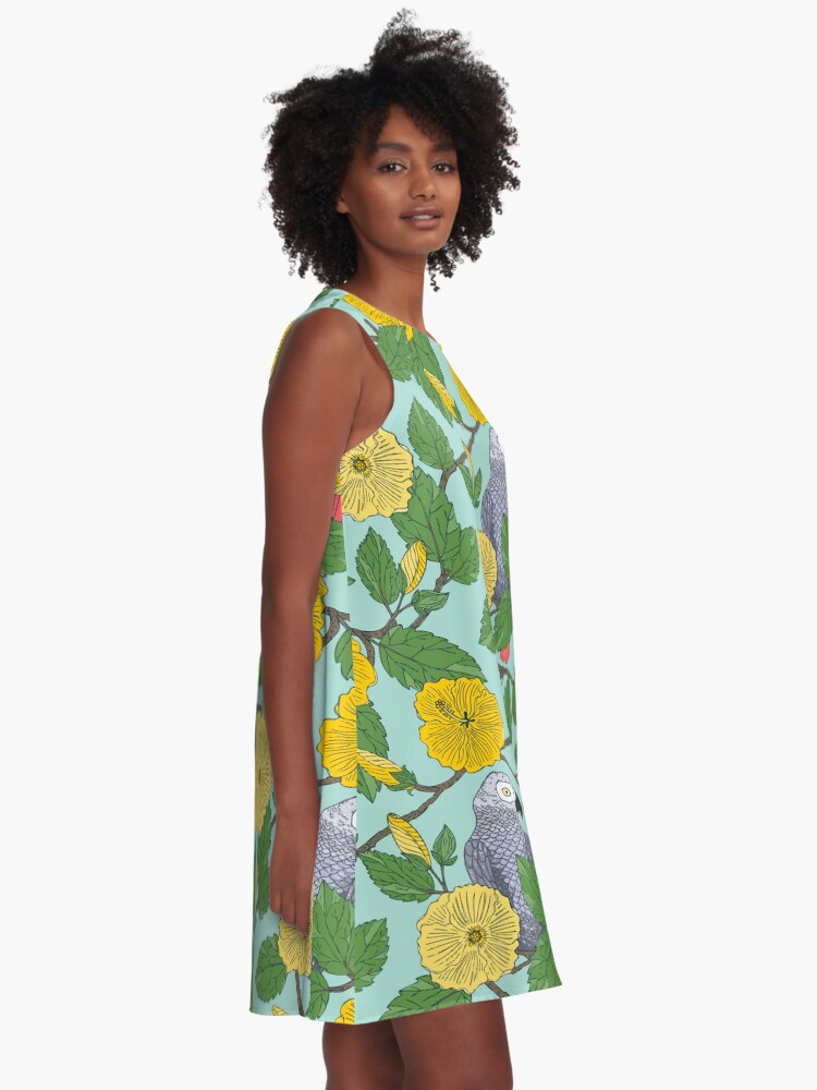Alternate view of African Grey Parrots and Yellow Flowers A-Line Dress