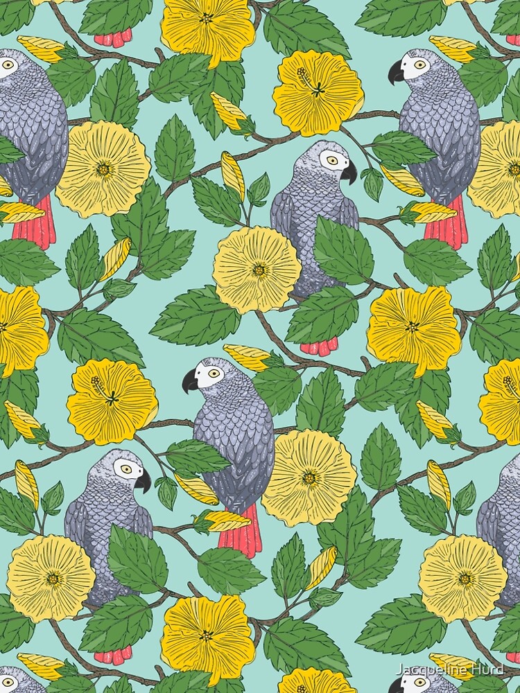African Grey Parrots and Yellow Flowers by JMHurd
