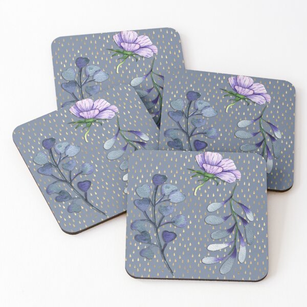 Item preview, Floral pattern on blue and gold raindrops designed and sold by Leeanne Mackay.