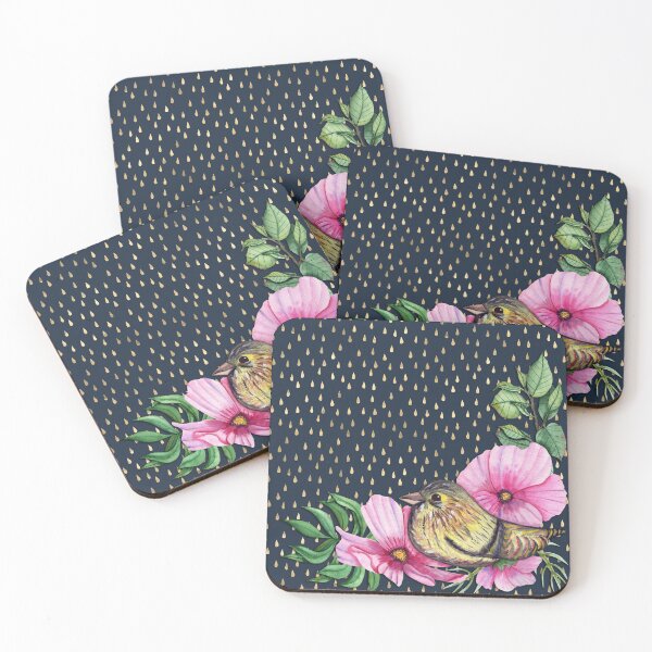 Item preview, Pretty floral bird on golden raindrop pattern designed and sold by Leeanne Mackay.