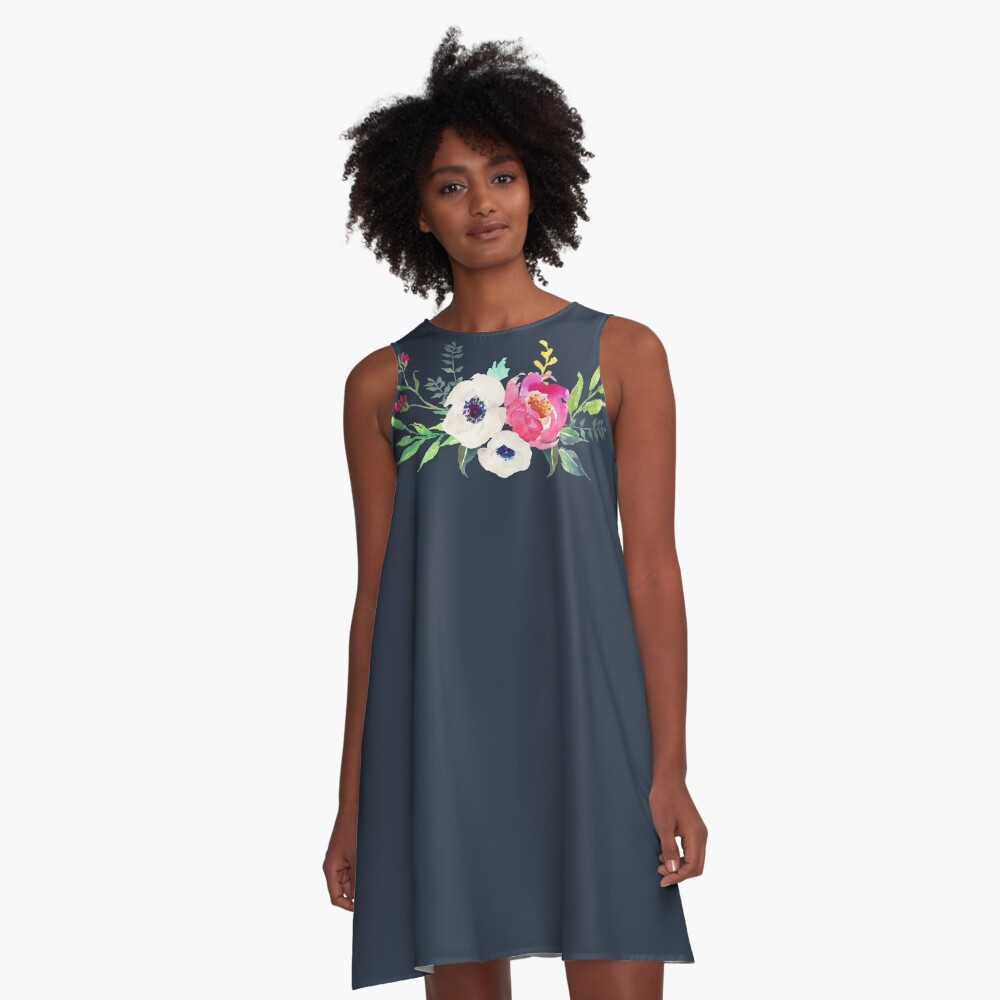 Anemone Peony Watercolor Bouquet A-Line Dress