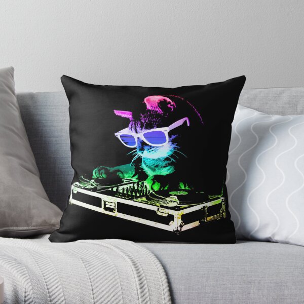 HOUSE CAT (Rainbow DJ Kitty) Throw Pillow