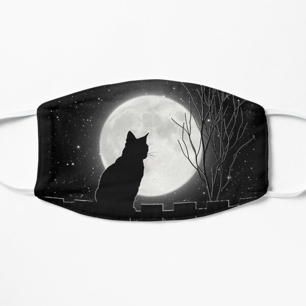 Silent night Cat looking at the full moon Flat Mask
