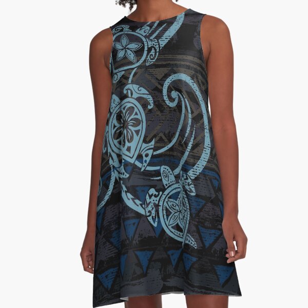 Hawaiian Teal Tribal Turtles A-Line Dress