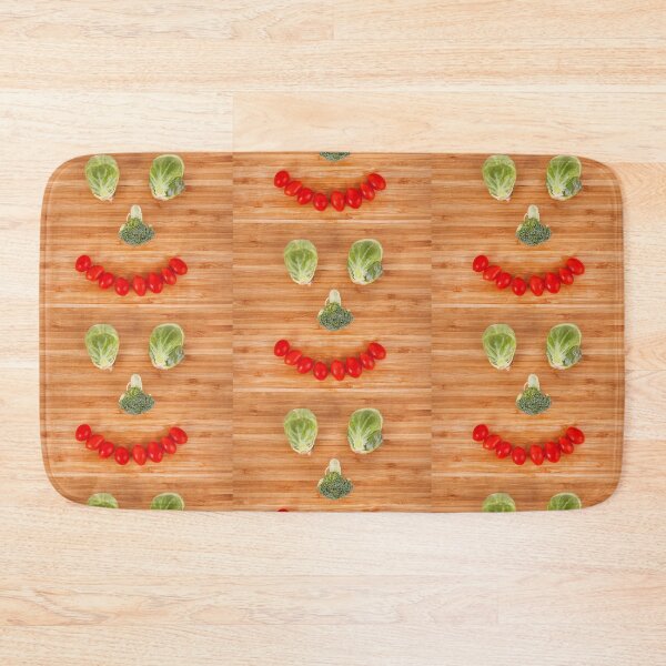 Item preview, Super vegitable foods brussel sprouts broccoli cherry tomatoes made into a smiling face on butcher wood background  designed and sold by g2rdsmith.