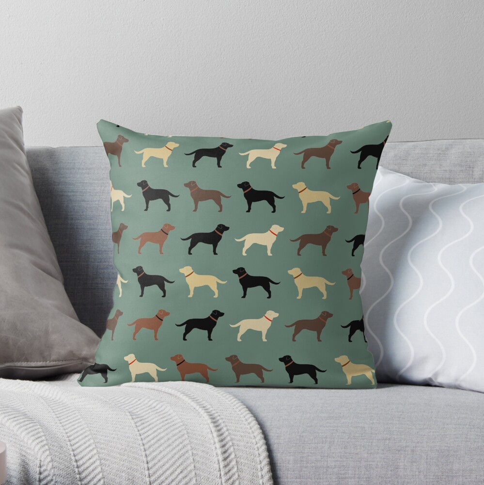 Labrador Retriever Dog Silhouettes Pattern with Chocolate, Yellow, Red and Black Labs Throw Pillow