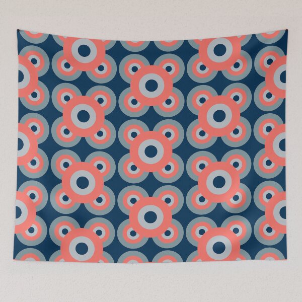 Item preview, Retro flower in coral and blue - grey colour palette, large pattern designed and sold by susyrdesign.