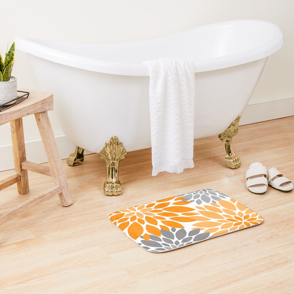 Orange and Gray Dahlia Floral Pattern Bath Mat