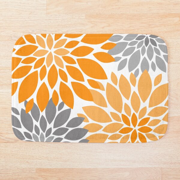 Orange and Gray Dahlia Floral Pattern Bath Mat
